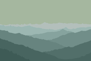 Image of a majestic mountain range landscape. Silhouette of mountains with a monotone gradient of greyish green color palette.