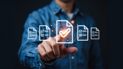 A person interacts with a digital checklist in a business context.