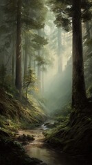 Obraz premium Misty, tranquil forest pathway with flowing stream.