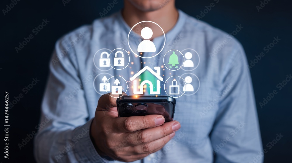 Poster digital home security system displayed on a smartphone.