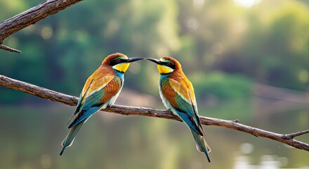 Obraz premium Pair of Colorful Bee-Eater Birds (Merops apiaster); Artistic Avian Wildlife Portrait