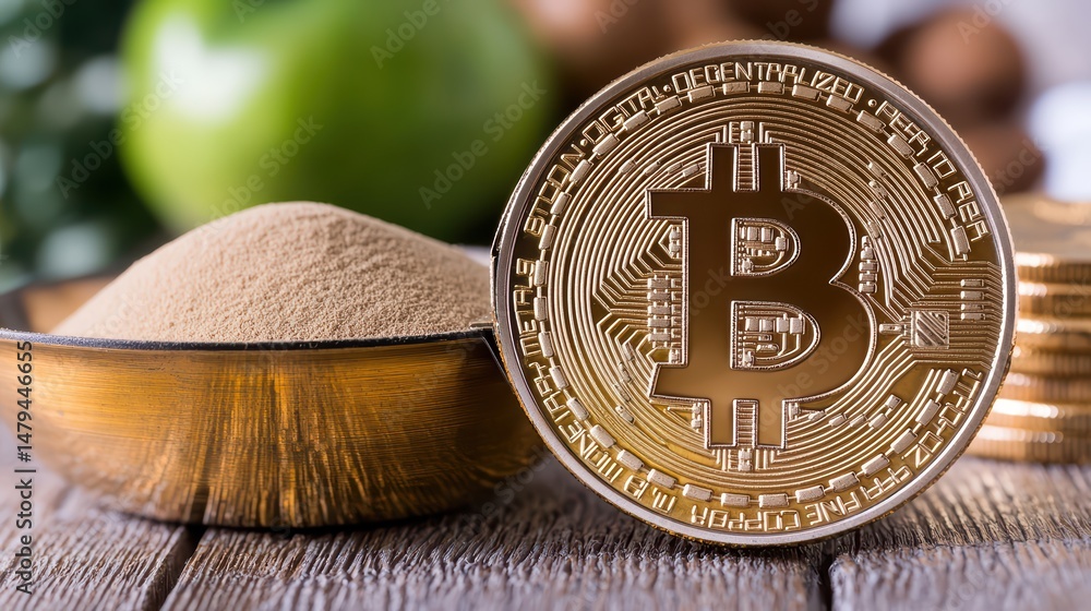 Poster a shiny bitcoin coin stands upright next to a bowl of powder on a wooden surface, with blurred green