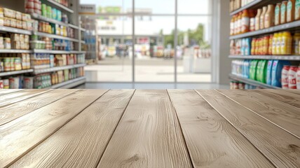 Empty Wooden Table with Blurred Supermarket Aisle Background table supermarket aisle wood planks man