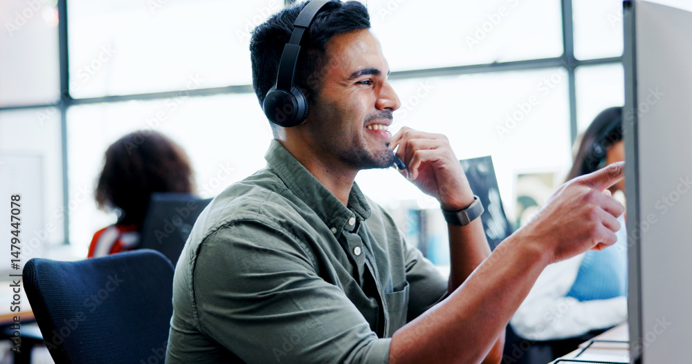 Poster business, man and pointing with computer at call centre for customer service, information and adviso