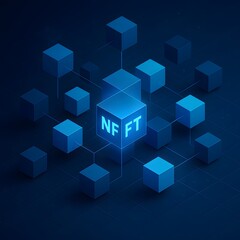 Obraz premium Blockchain network represented by connected glowing binary cubes