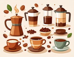 Vector set of brown coffee icons features a cup, mug, beans, and steam for hot cafe drinks like espresso, cappuccino, latte, mocha, and tea