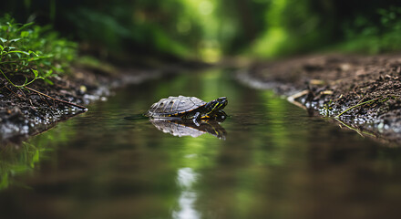 Obraz premium Tiny turtle serene moment in tranquil stream nature's gentle beauty unfolds