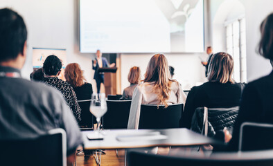 Interview and round table discussion at business convention and presentation. Audience at the...
