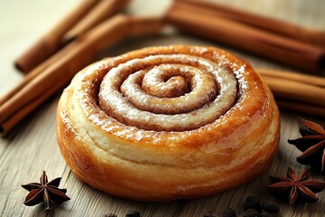 Fototapeta premium Cinnamon roll on a wooden surface