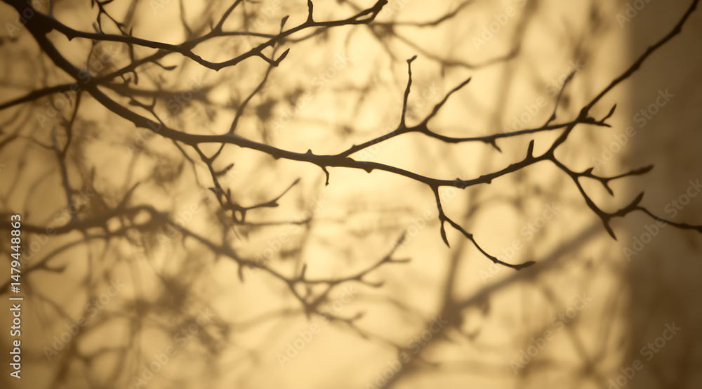 Poster abstract tree branches silhouette with soft light creating shadows on a textured wall, adding a sere
