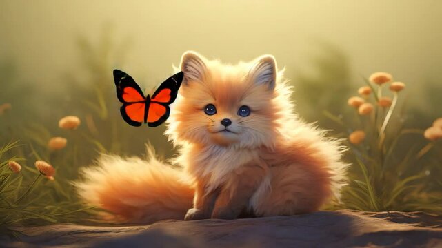 Gen-4 Turbo A magical animation of a fluffy, baby CAT sitting peacefully in a dreamy meadow at golden hour The scene begins with soft morning light glowing through gentle mist and delicate orange flo 