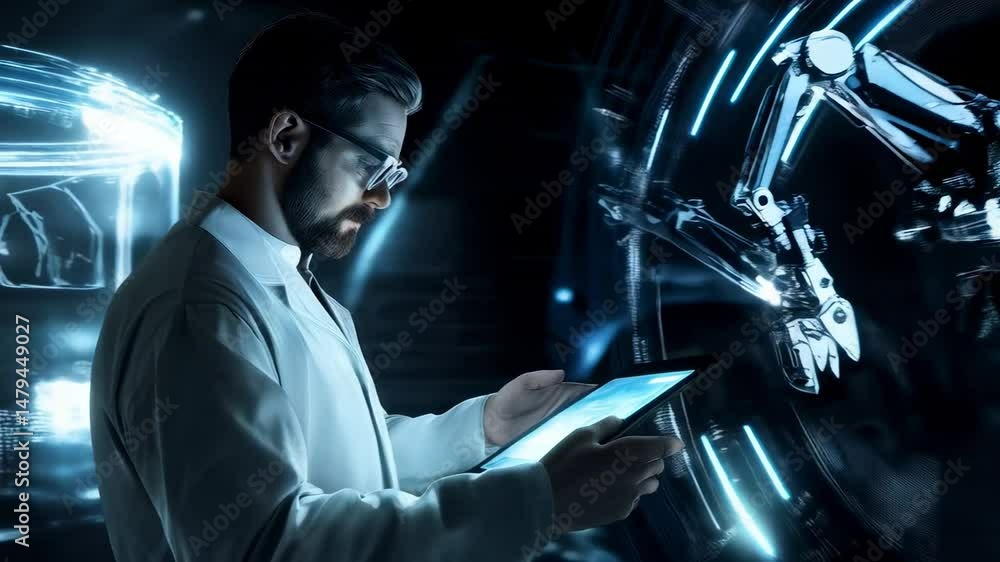 Poster engineer wearing safety glasses controlling a robotic arm with a digital tablet, highlighting the fu