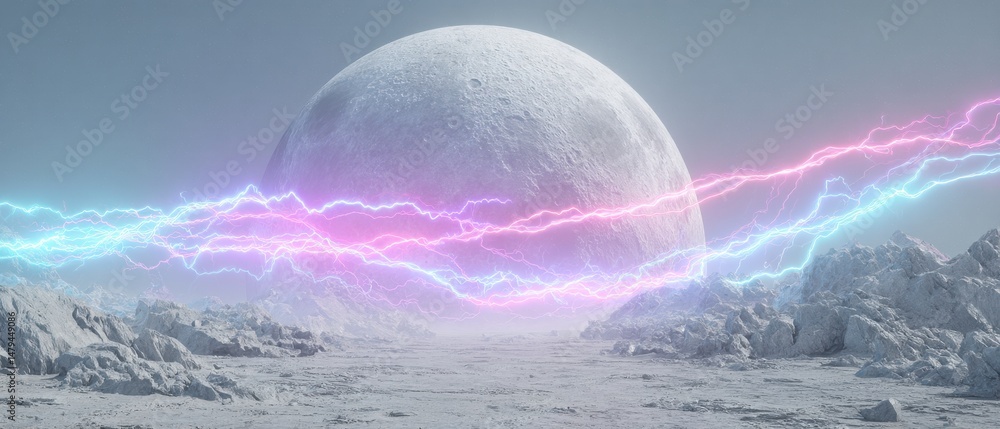 Poster surreal landscape with a giant moon and vibrant lightning strikes, creating a fantasy world with a c