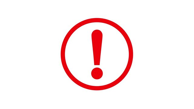 Animated danger and warning icon red circle with exclamation mark on white background. Alert and cybersecurity concept