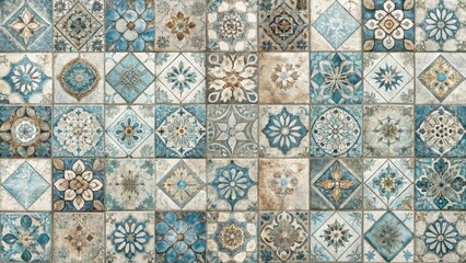 Intricate Mosaic of Blue and Beige Tiles Featuring a Variety of Ornamental Floral and Geometric Patterns