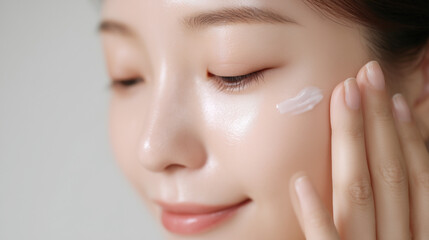 Woman applying cream to her face