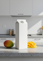 White juice carton, mango fruit, kitchen setting