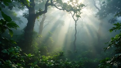 Obraz premium Dense tropical rainforest with morning mist and sunlight streaming through trees. Ideal for nature themes, travel concepts, and environmental design backgrounds