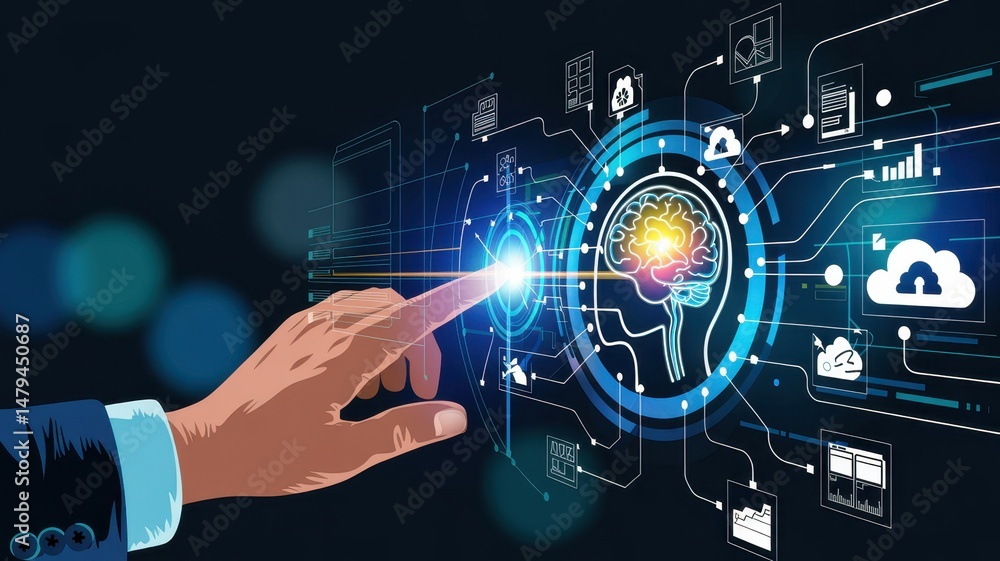 Poster digital interface highlighting artificial intelligence concepts.
