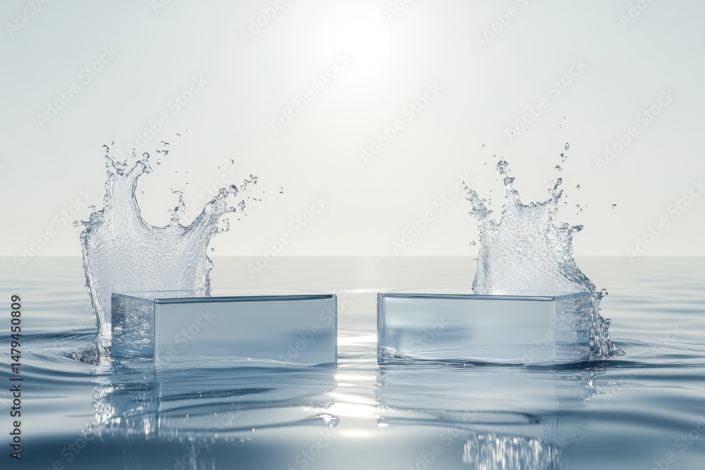 Poster two clear blocks in water with splashes minimalist aesthetic product display mockup abstract ocean b