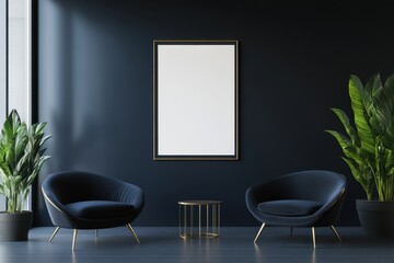 Interior design featuring modern chairs and blank frame on dark blue wall for mockup presentation in a stylish living room with plants