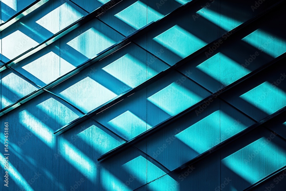 Poster abstract architectural detail of modern building facade with geometric shadow patterns in teal color
