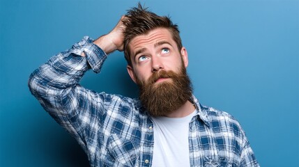 Obraz premium A bearded man with a thoughtful expression scratches his head, looking upwards against a blue background. He appears contemplative and puzzled.