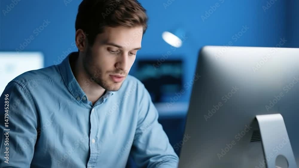 Poster a person wearing a light blue, long-sleeved button-down shirt is seated at a desk, working on a comp