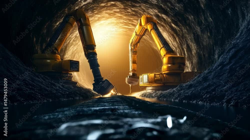 Poster two robotic arms are excavating minerals in an underground mine, highlighting the automation of reso