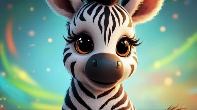 Cute cartoon animal character, baby zebra sitting in rainbow world.