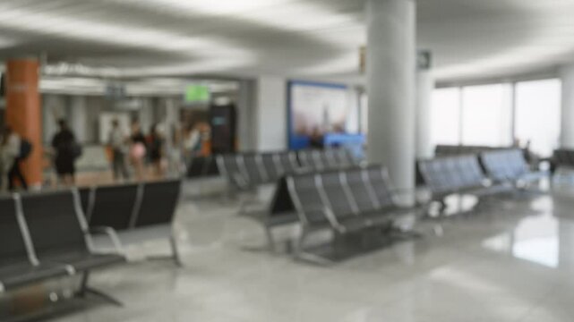 Blurry airport scene with travelers and empty seating areas in an out of focus background