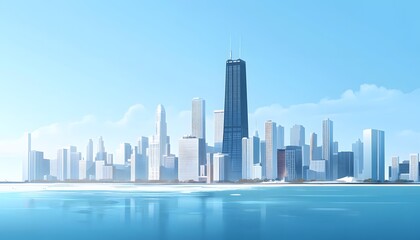 Fototapeta premium Digital illustration of a city skyline by the water.