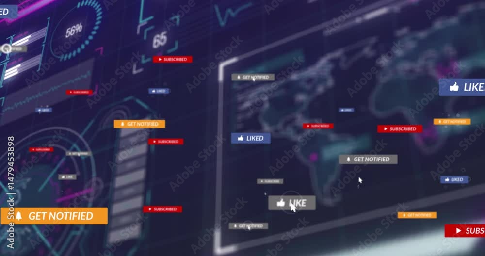 Aufkleber interactive dashboard displaying charts, gauge and map with subscribed, liked, notification pop-ups