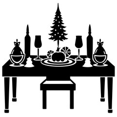 Christmas dinner table silhouette vector illustration 