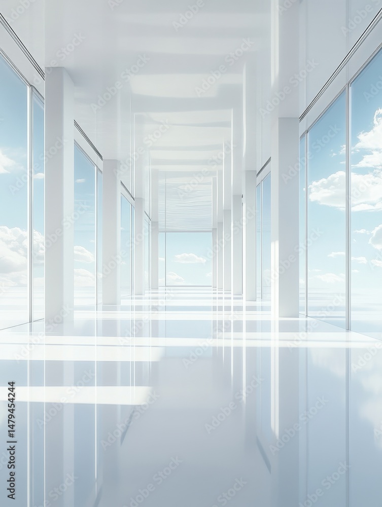 Poster minimalist architecture interior view of white hallway with columns and windows revealing sky and cl