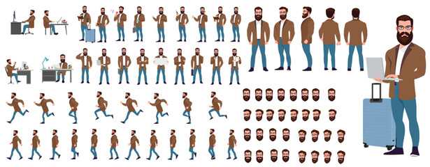 Man Character design. Front, side, back view and explainer animation poses. Character set with lip sync and facial expressions of Happy, angry, sad, Joy with Side walk cycle animation sequence sprite 