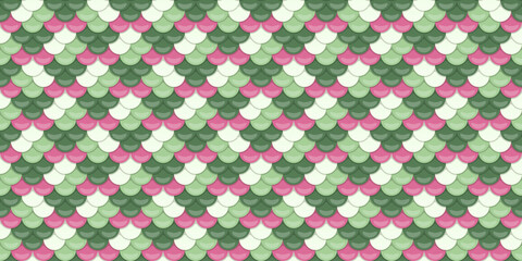 Seamless pastel green, pink  white fish scale pattern.  Elegant, textured design perfect for backgrounds, textiles, or packaging.  Evokes serenity and subtle sophistication. © Olena