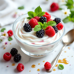 Luxurious Creamy Yogurt Parfait with Fresh Blackberries & Raspberries in Glass Bowl, Healthy Breakfast, Gourmet Dessert, Food Photography