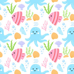 Seamless pattern with cute sea octopuses, fish, and starfish, surrounded by coral and seaweed. Pastel vector design perfect for baby textiles and nursery wallpaper