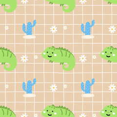 Kawaii Seamless pattern featuring cute geckos, lizards, tropical flowers, and a jungle vibe. Vector design perfect for nature-inspired kids clothing, nursery decor, and textiles