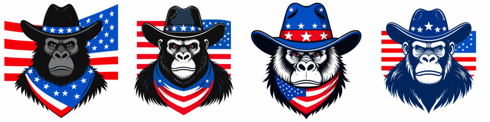 A Gorilla as cowboy wear hat and red white blue American flag overlay on scraf. Independence Day 4th of July Patriotism Usa America Clipart Line Art Vector Illustration. Primate in western.