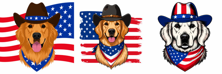 A Golden Retriever Dog as cowboy wear hat and red white blue American flag. Independence Day 4th of July Flag Patriotism Usa America Clipart Line Art Vector Illustration. Canine in western.
