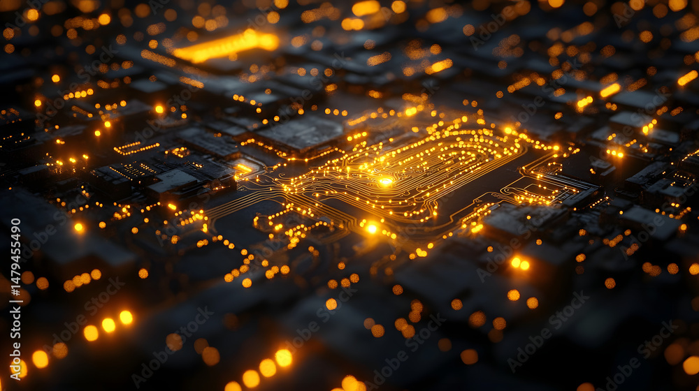 Poster abstract view of a circuit board with glowing lights, showcasing intricate electronic pathways and c