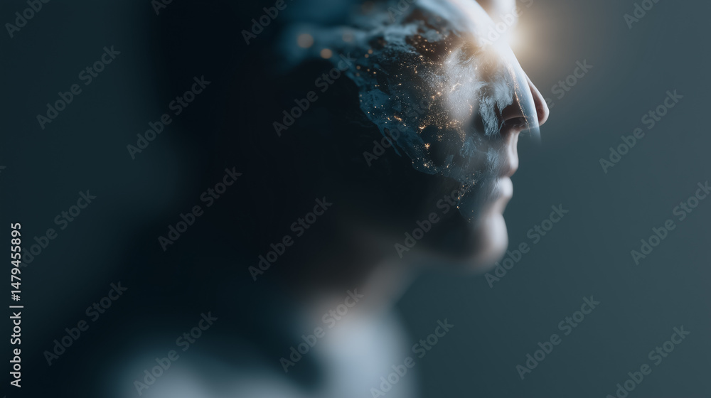 Poster digital transformation: a man's face morphs into a digital stream of data, symbolizing the fusion of