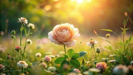A single, delicate pale rose blossoms in a sunlit meadow, surrounded by a profusion of wildflowers bathed in the golden hour light