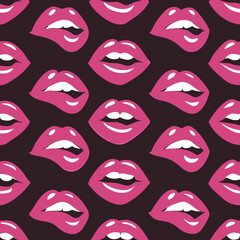Obraz premium Lips pattern. Vector seamless pattern with woman's red sexy lips on black background.