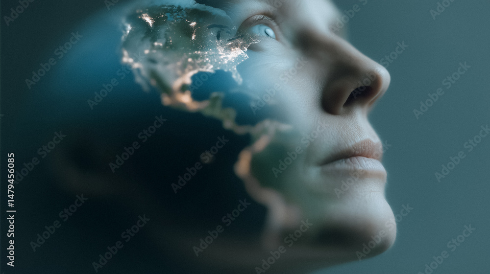 Poster global perspective: a close-up portrait of a thoughtful figure features the world map overlaid insid