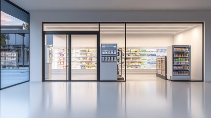 Automated Retail Interior: Modern Unmanned Grab and Go Convenience Store modern unmanned store food