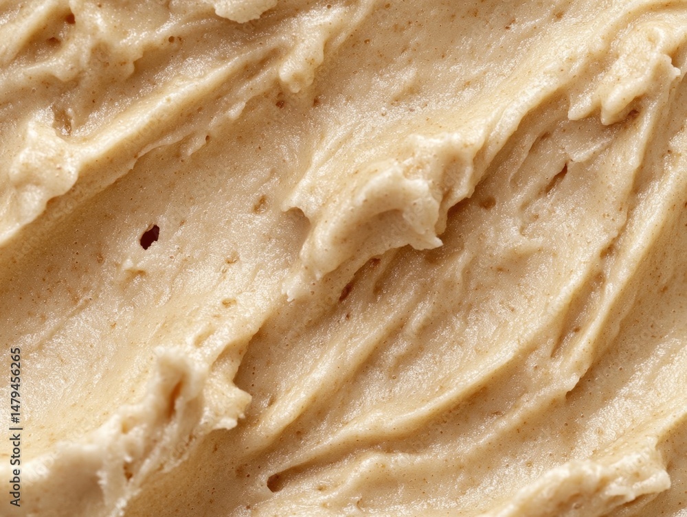 Poster close-up of beige frosting swirls with smooth texture and subtle imperfections, macro shot of creamy