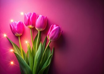 Naklejka premium Night Photography Pink Tulip Bouquet, Vibrant Floral Home Decor, Minimalist Pink Wall Background, Blooming Flowers, Botanical Still Life